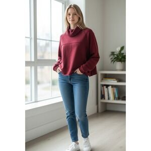 Aerie Cropped Raw Hem Funnel Neck Sweatshirt Burgundy Pullover Top Size Medium